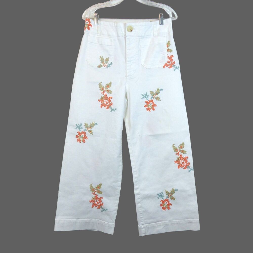 Maeve Anthropologie Colette Jeans 30 White Floral Embroidered Crop Wide Leg Boho - Picture 5 of 16
